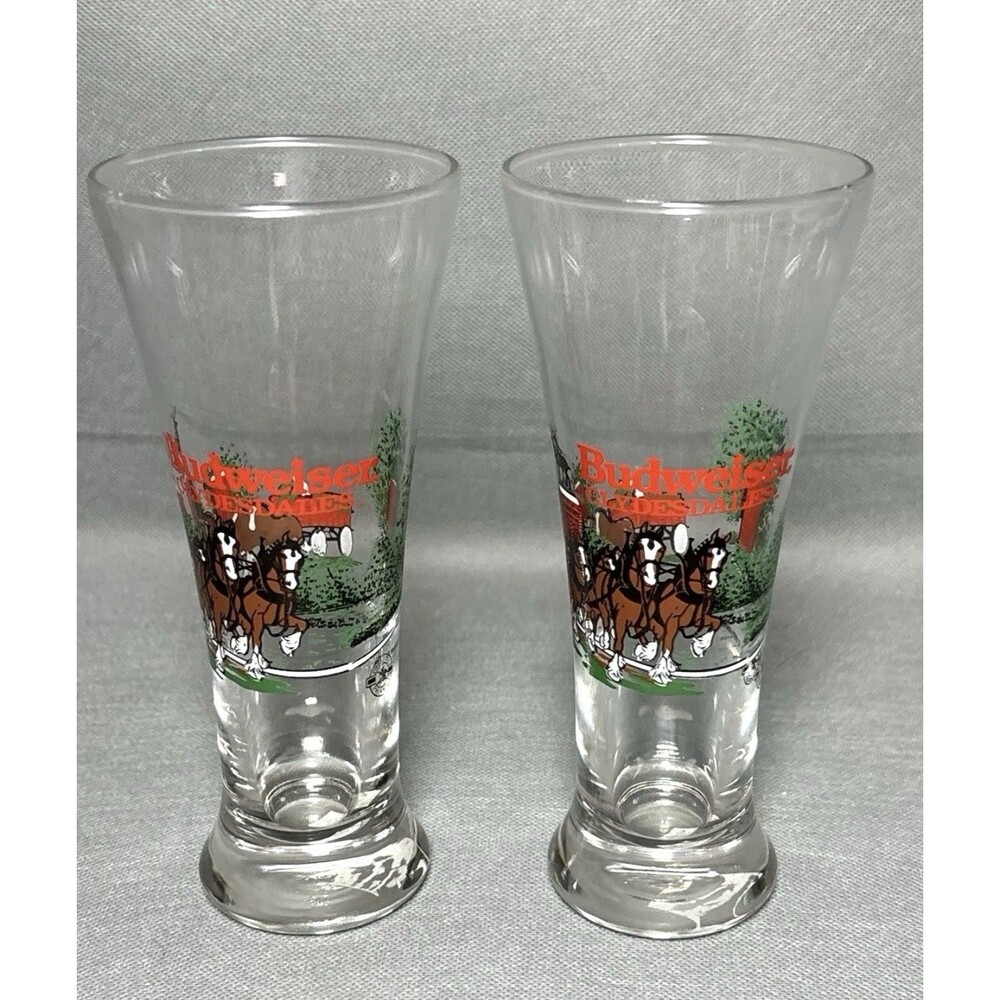 Vintage BUDWEISER CLYDESDALE Holiday Beer Glass Pilsner Glasses-1991-SET OF 2